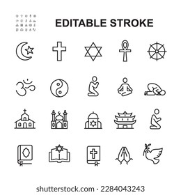 Simple Set of Religion Related Vector Line Icons. Contains icons such as places of worship, religious symbols, worship.
Editable Strokes.