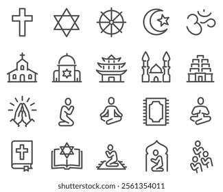 Simple Set of Religion Symbols Related Vector Line Icons. Contains such Icons as Prayer Room, Temples, Divine Book and more. Editable Stroke.