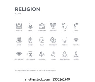 simple set of religion vector line icons. contains such icons as gospel, great buddha, hamsa, hinduism, holy chalice, holy elephant, holy star, incense, indulgence and more. editable pixel perfect.