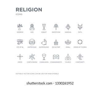 simple set of religion vector line icons. contains such icons as christianity, church, commandments, communion, confucianism, cross, crown of thorns, diwali, doi suthep and more. editable pixel