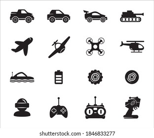 Simple Set Of Remote Control Toy Related Vector Icon Graphic Design Template. Contains Such Icons As Remote Controller, Car, Drone, Buggy, Helicopter, Tank, Airplane, Plane, Submarine, And Bigfoot