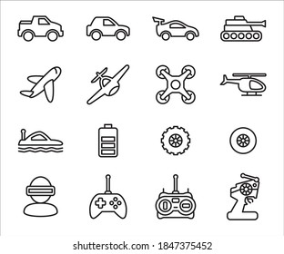 Simple Set Of Remote Control Toy Related Vector Icon Graphic Design Template. Contains Such Icons As Remote Controller, Car, Drone, Buggy, Helicopter, Tank, Airplane, Plane, Submarine, And Bigfoot