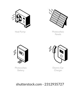 Simple set of renewable energy Icons. Contains such icons as Heat pump, Photovoltaic panels, Photovoltaic battery and Electric car charger.