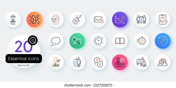 Simple set of Report checklist, Currency exchange and Chemistry lab line icons. Include Time change, Winner podium, Timer icons. Talk bubble, Book, Lgbt web elements. Employee. Vector