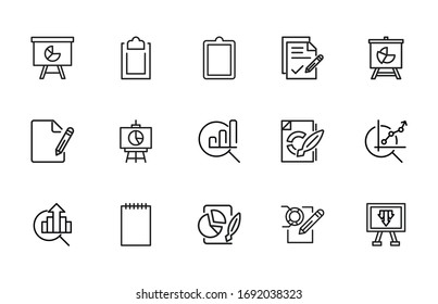 Simple set of report icons in trendy line style. Modern vector symbols, isolated on a white background. Linear pictogram pack. Line icons collection for web apps and mobile concept.