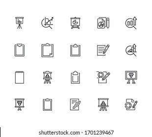 Conjunto simple de iconos de informe en estilo de línea de moda. Símbolos vectoriales modernos, aislados en un fondo blanco. Envase para pictogramas lineales. Colección de iconos de línea para aplicaciones web y concepto móvil.