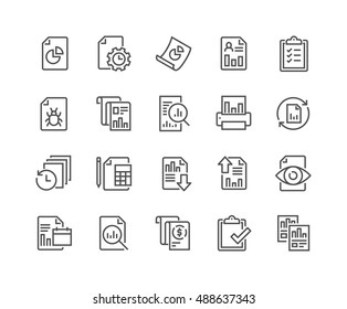 Simple Set of Report Related Vector Line Icons. 
Contains such Icons as Auto Reports, Calculation, Settings, Generate and more.
Editable Stroke. 48x48 Pixel Perfect.