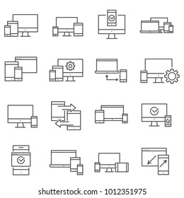 Conjunto simple de iconos de línea de vectores relacionados con la respuesta. Contiene iconos como laptop, computadora, smartphone, adaptabilidad, diseño, dispositivos, dispositivos móviles, dispositivos, y más. 