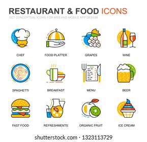 Simple Set Restaurant and Food Line Icons for Website and Mobile Apps. Contains such Icons as Fast Food, Menu, Organic Fruit, Coffee Bar. Conceptual color line icon. Vector pictogram pack.