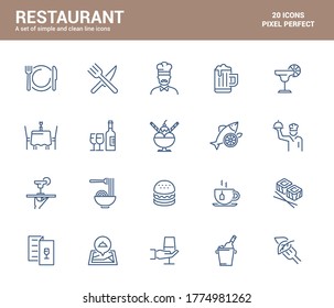 Einfache Auswahl an Symbolen der Restaurantlinie. Essen, Trinken, Wein, Wüste usw. Bearbeitbare Vektorsymbole