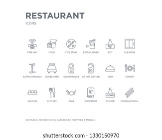 simple set of restaurant vector line icons. contains such icons as cinnamon roll, closed, cookbook, crab, cutlery, dim sum, dinner, dish, do not disturb and more. editable pixel perfect.