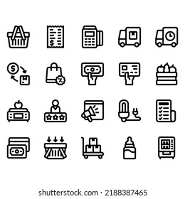 simple set of retail  icon with line style. Contains such icon as shopping basket, receipt, edc and more. Pixel perfect icon. 32 px grid. Editable stroke