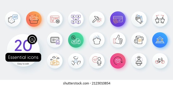Simple set of Return package, Like hand and 5g internet line icons. Include Currency exchange, Certificate, Hand washing icons. Change card, Brand ambassador, Bicycle web elements. Vector