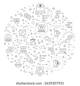 	
Simple Set of Review And feedback Related Vector Line Illustration. Contains such Icons as customer, rating, star rating, chat, testimonials, survey, support, communication, sign And Other Elements.