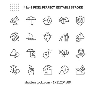 Simple Set of Risk Management Related Vector Line Icons. 
Contains such concept Icons as Threat Analysis, Warnings, Risk Assessment and more. Editable Stroke. 48x48 Pixel Perfect.