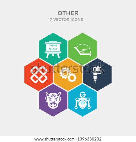 simple set of robot of japan, japanese demon, tattoo machine, mechanical gears icons, contains such as icons interlock, obtuse angle of 135 degrees, blackboard with basic calculations and more.