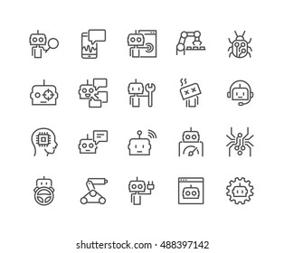 Simple Set of Robots Related Vector Line Icons. 
Contains such Icons as Autopilot, Chatbot, Broken Bot and more.
Editable Stroke. 48x48 Pixel Perfect.