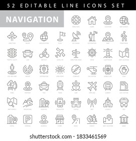 Simple Set of Route Related Vector Line Icons. Contains such Icons as Map with a Pin, Route map, Navigator, Direction and more. Editable Stroke