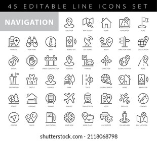 Simple Set of Route Related Vector Line Icons. Contains such Icons as Map with a Pin, Route map, Navigator, Direction and more. Editable Stroke