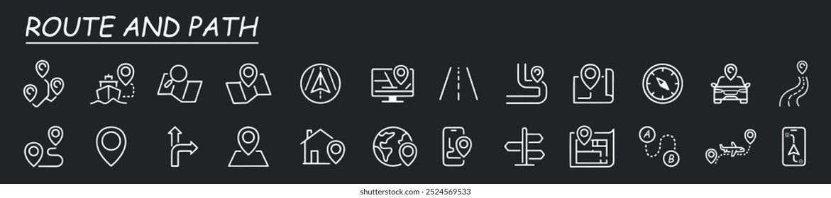 Simple set of route related vector line icons on grey background. Contains such icons as map with a pin, route map, navigator, direction and more. 