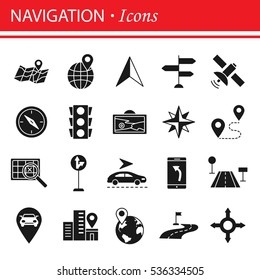 Simple Set of Route Related Vector Icons. Black web icons set - location,  navigation, transportation.