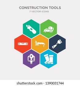simple set of rubber boots, rammer, putty knife, polishers icons, contains such as icons plumb rule tool, cement mixers, retractable trimming knife and more. 64x64 pixel perfect. infographics vector