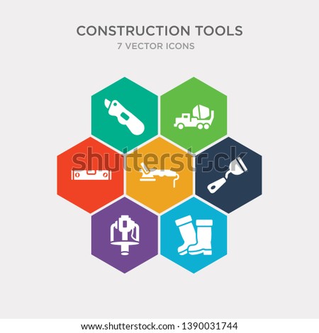 simple set of rubber boots, rammer, putty knife, polishers icons, contains such as icons plumb rule tool, cement mixers, retractable trimming knife and more. 64x64 pixel perfect. infographics vector