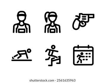 Conjunto simple de iconos de línea relacionados con la ejecución. Contiene iconos como atleta, pistola de salida, valla y más.