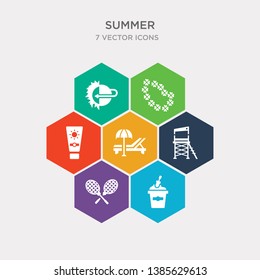 simple set of sand bucket, rackets, lifeguard, sunbed icons, contains such as icons sun cream, wreath, solstice and more. 64x64 pixel perfect. infographics vector