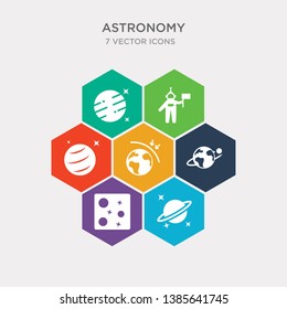 simple set of saturn, galaxy view, earth and moon, aerosphere icons, contains such as icons uranus with satellite, astronaut and flag, mars with satellite and more. 64x64 pixel perfect. infographics