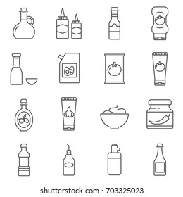 Simple Set of sauce Related Vector Line Icons. Contains such Icons as ketchup, mustard, olive oil and more. 