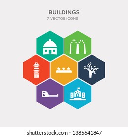 simple set of school with a flag, builder tool, plants, three stars icons, contains such as icons porcelain tower of nanjing, mosque of cordoba, village and more. 64x64 pixel perfect. infographics