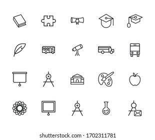 Simple set of school icons in trendy line style. Modern vector symbols, isolated on a white background. Linear pictogram pack. Line icons collection for web apps and mobile concept.