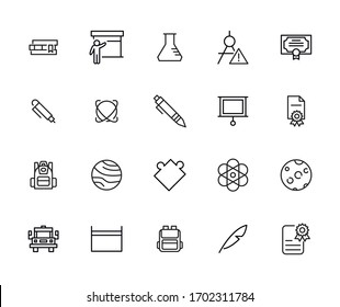 Einfache Sammlung von Schulsymbolen im trendigen Linienstil. Moderne Vektorillustration-Symbole einzeln auf weißem Hintergrund. Lineare Piktogrammpackung. Kollektion von Line-Icons für Web-Apps und mobiles Konzept.