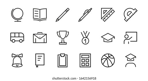 A simple set of school items. Contains icons such as student, award, geography, physical education, geometry and more. On white background. Editable stroke. 480x480.