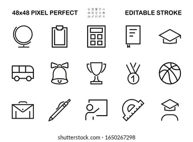 A simple set of school items. Contains icons such as student, award, geography, physical education, geometry and more. On white background. Editable stroke. 48x48 Pixel Perfect.