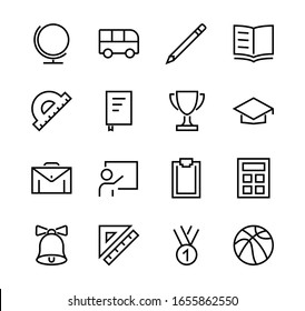 A simple set of school items. Contains icons such as student, award, geography, physical education, geometry and more. On white background. Editable stroke. 480x480.