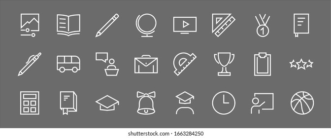 A simple set of school items. Contains icons such as student, award, geography, physical education, geometry and more. On white background. Editable stroke. 480x480.