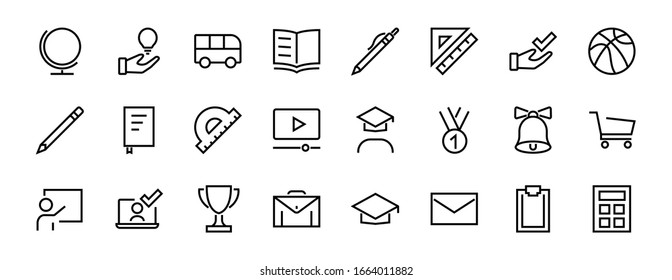 A simple set of school items. Contains icons such as student, award, geography, physical education, geometry and more. On white background. Editable stroke. 480x480.