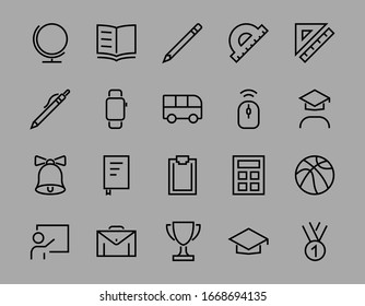 Un simple conjunto de artículos escolares. Contiene iconos como estudiante, premio, geografía, educación física, geometría y más. Sobre fondo blanco. Trazo editable. 480x480.