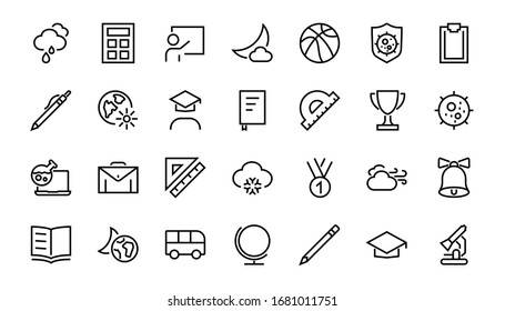 A simple set of school items. Contains icons such as student, award, geography, physical education, geometry and more. On white background. Editable stroke. 480x480.