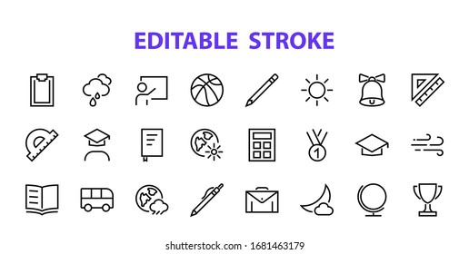 Un simple conjunto de artículos escolares. Contiene iconos como estudiante, premio, geografía, educación física, geometría y más. Sobre fondo blanco. Trazo editable. 480x480.