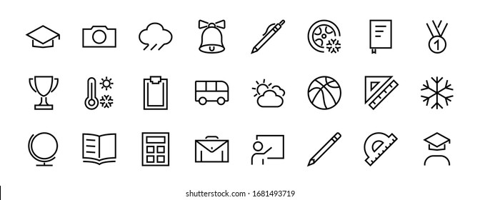 A simple set of school items. Contains icons such as student, award, geography, physical education, geometry and more. On white background. Editable stroke. 480x480.