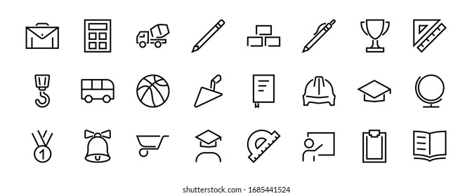 A simple set of school items. Contains icons such as student, award, geography, physical education, geometry and more. On white background. Editable stroke. 480x480.