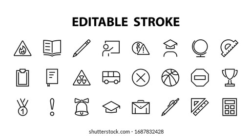 A simple set of school items. Contains icons such as student, award, geography, physical education, geometry and more. On white background. Editable stroke. 480x480.