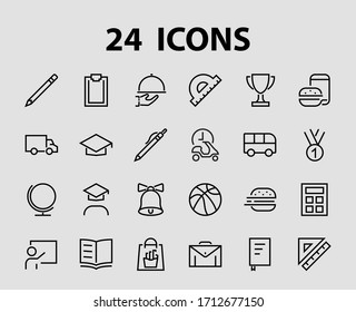 A simple set of school items. Contains icons such as student, award, geography, physical education, geometry and more. On white background. Editable stroke. 480x480.