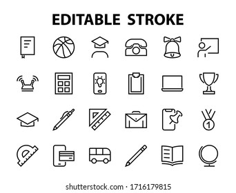 A simple set of school items. Contains icons such as student, award, geography, physical education, geometry and more. On white background. Editable stroke. 480x480.