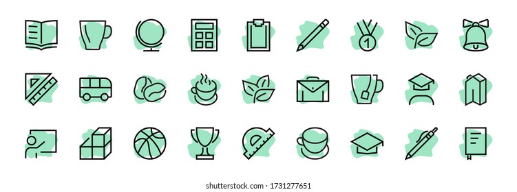 A simple set of school items. Contains icons such as student, award, geography, physical education, geometry and more. On white background. Editable stroke. 480x480.
