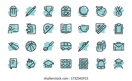 A simple set of school items. Contains icons such as student, award, geography, physical education, geometry and more. On white background. Editable stroke. 480x480.