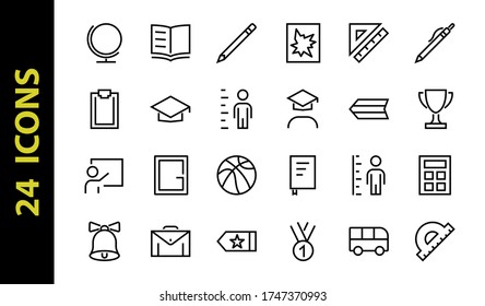 A simple set of school items. Contains icons such as student, award, geography, physical education, geometry and more. On white background. Editable stroke. 480x480.